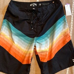 Billabong Men’s Black Board Shorts with Teal, Orange and Yellow Chevron Stripes